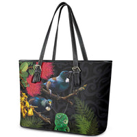 New Zealand Tui Leather Tote Bag Guardians of the Hei Tiki - Maori Art and Plants LT03 - Polynesian Pride