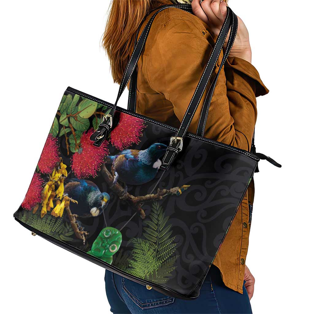 New Zealand Tui Leather Tote Bag Guardians of the Hei Tiki - Maori Art and Plants LT03 - Polynesian Pride