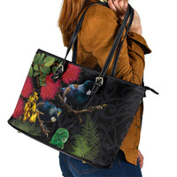 New Zealand Tui Leather Tote Bag Guardians of the Hei Tiki - Maori Art and Plants LT03 - Polynesian Pride