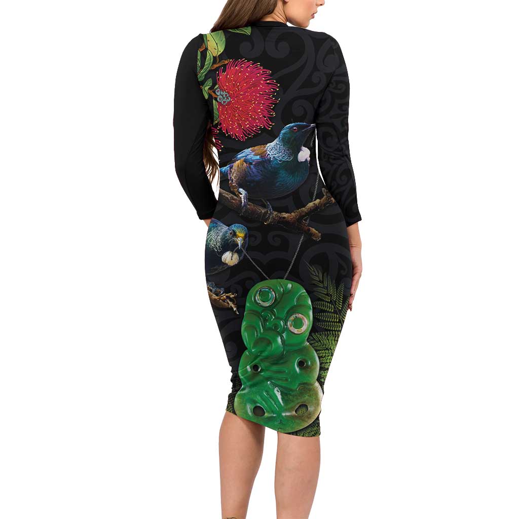New Zealand Tui Long Sleeve Bodycon Dress Guardians of the Hei Tiki - Maori Art and Plants LT03 - Polynesian Pride