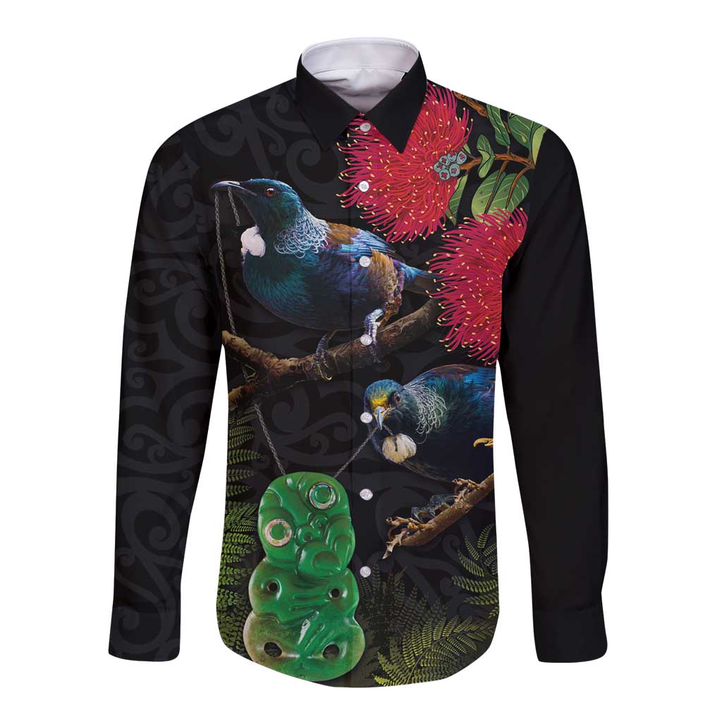 New Zealand Tui Long Sleeve Button Shirt Guardians of the Hei Tiki - Maori Art and Plants LT03 Unisex Black - Polynesian Pride