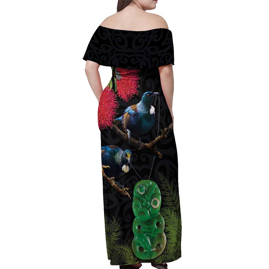 New Zealand Tui Off Shoulder Maxi Dress Guardians of the Hei Tiki - Maori Art and Plants LT03 - Polynesian Pride