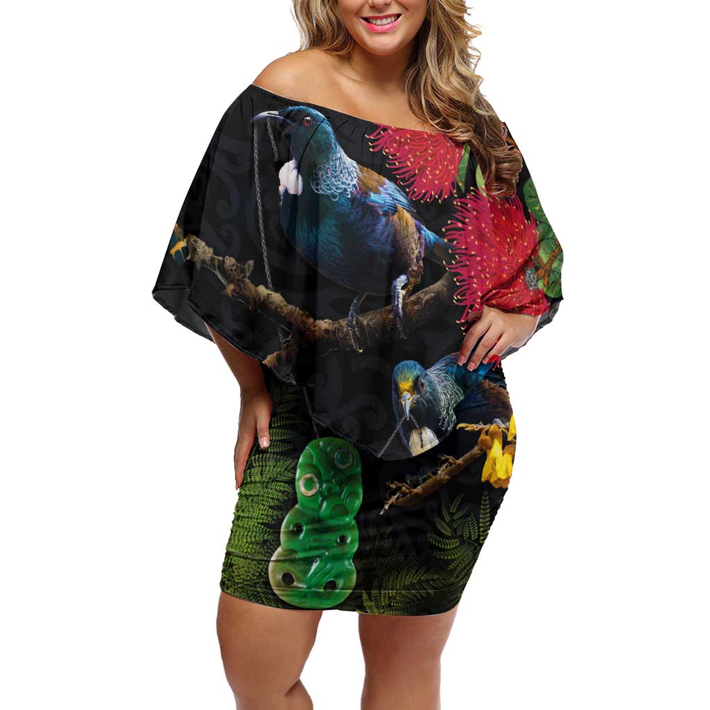 New Zealand Tui Off Shoulder Short Dress Guardians of the Hei Tiki - Maori Art and Plants LT03 Women Black - Polynesian Pride