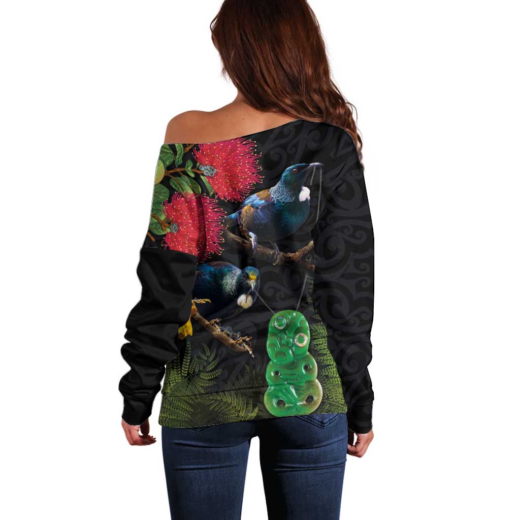 New Zealand Tui Off Shoulder Sweater Guardians of the Hei Tiki - Maori Art and Plants LT03 - Polynesian Pride