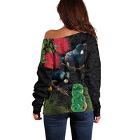 New Zealand Tui Off Shoulder Sweater Guardians of the Hei Tiki - Maori Art and Plants LT03 - Polynesian Pride