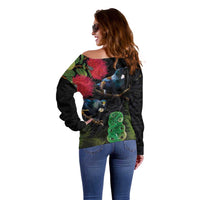 New Zealand Tui Off Shoulder Sweater Guardians of the Hei Tiki - Maori Art and Plants LT03 - Polynesian Pride