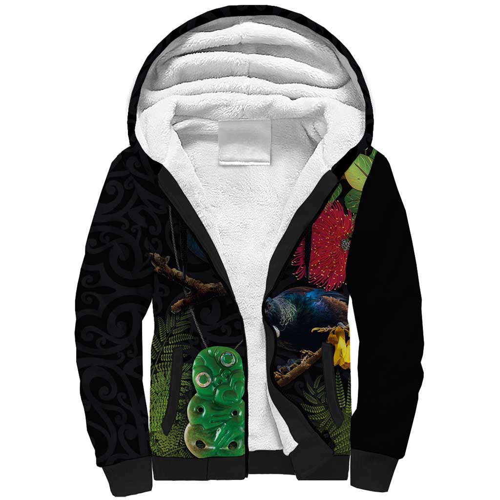 New Zealand Tui Sherpa Hoodie Guardians of the Hei Tiki - Maori Art and Plants LT03 Unisex Black - Polynesian Pride