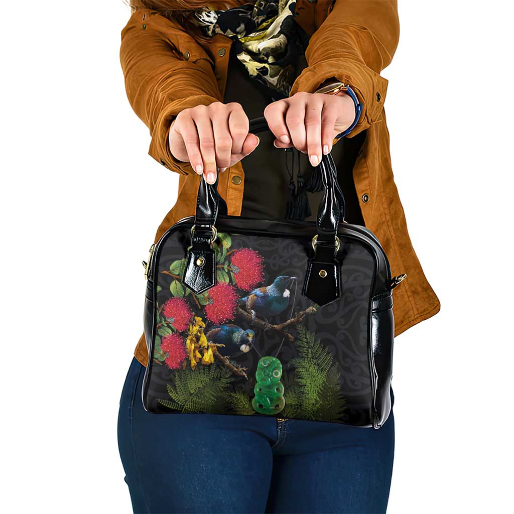 New Zealand Tui Shoulder Handbag Guardians of the Hei Tiki - Maori Art and Plants LT03 One Size Black - Polynesian Pride