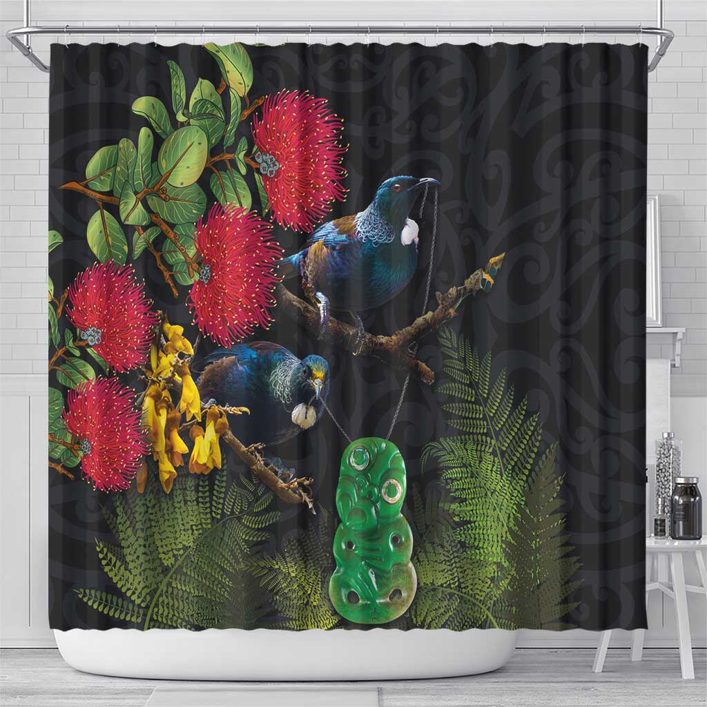 New Zealand Tui Shower Curtain Guardians of the Hei Tiki - Maori Art and Plants LT03 - Polynesian Pride