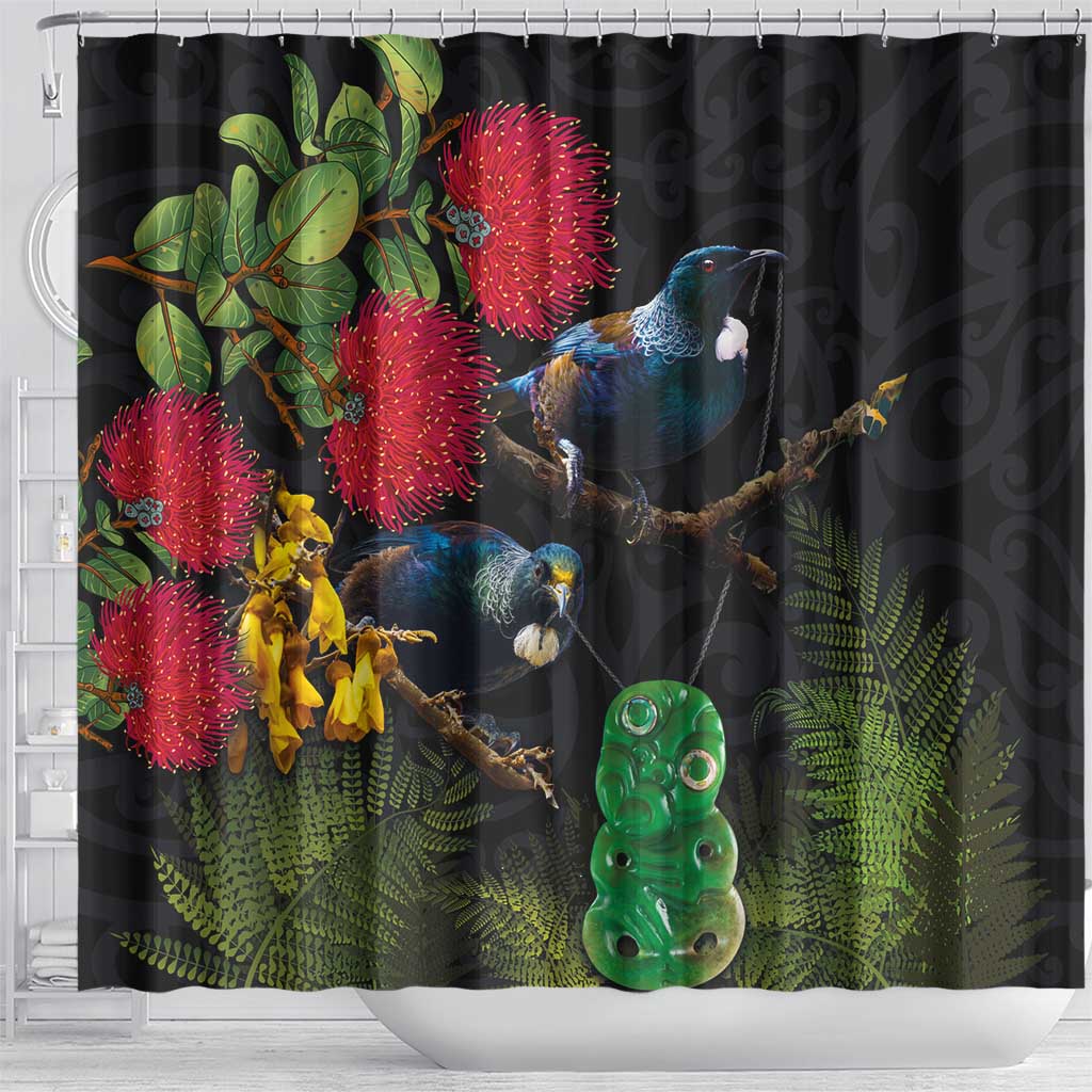 New Zealand Tui Shower Curtain Guardians of the Hei Tiki - Maori Art and Plants LT03 - Polynesian Pride