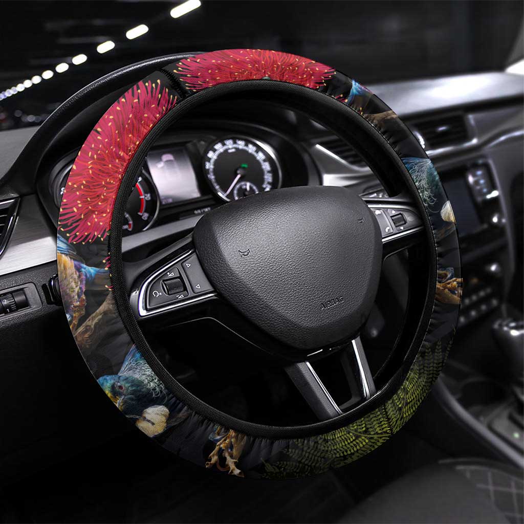 New Zealand Tui Steering Wheel Cover Guardians of the Hei Tiki - Maori Art and Plants LT03 Universal Fit Black - Polynesian Pride