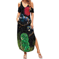 New Zealand Tui Summer Maxi Dress Guardians of the Hei Tiki - Maori Art and Plants LT03 Women Black - Polynesian Pride