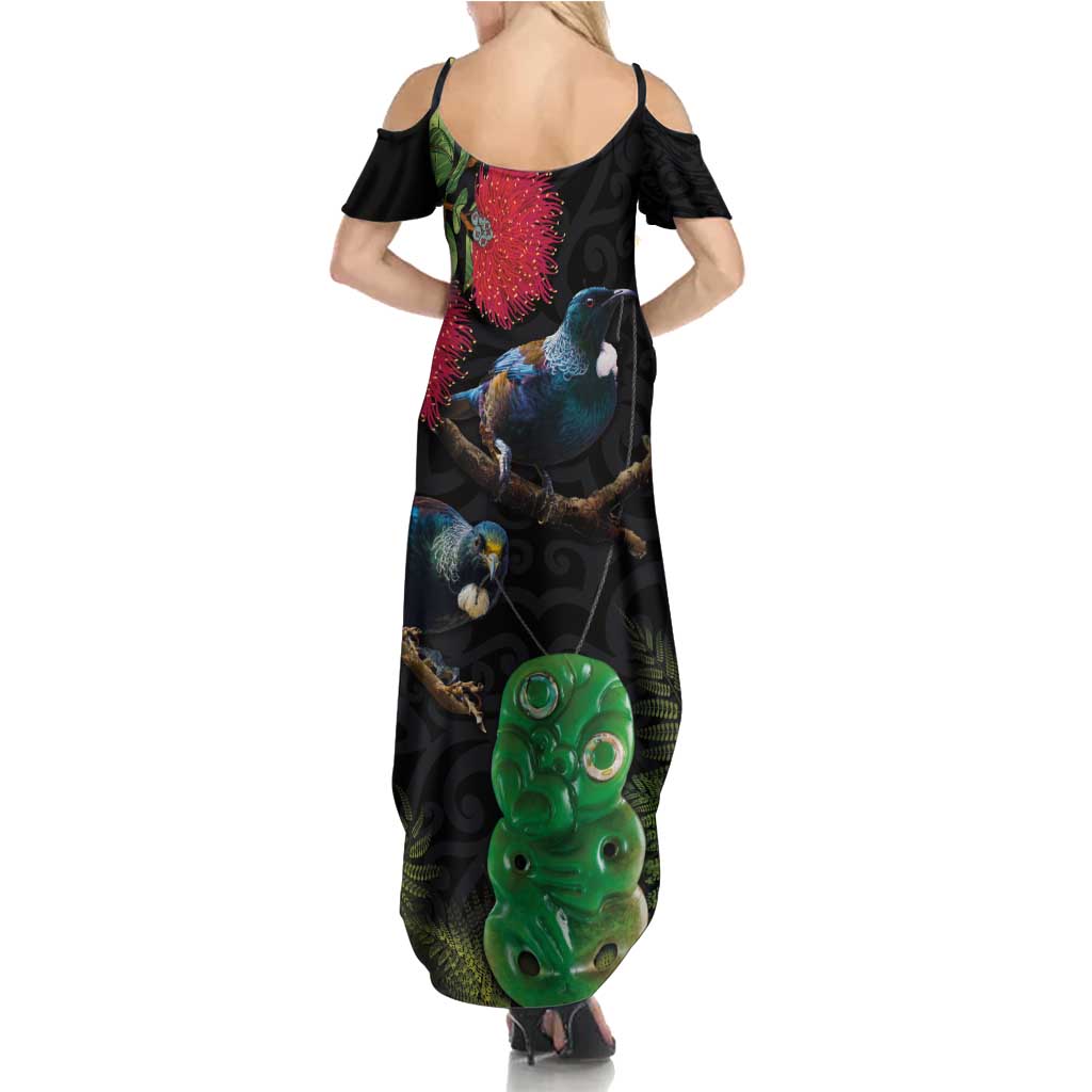 New Zealand Tui Summer Maxi Dress Guardians of the Hei Tiki - Maori Art and Plants LT03 - Polynesian Pride