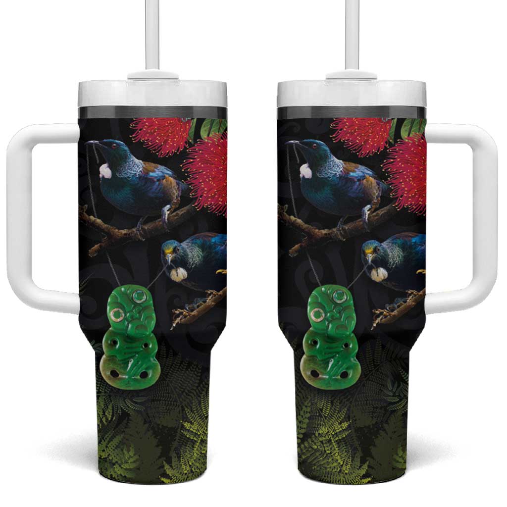 New Zealand Tui Tumbler With Handle Guardians of the Hei Tiki - Maori Art and Plants LT03 One Size: 40 oz Black - Polynesian Pride