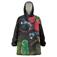 New Zealand Tui Wearable Blanket Hoodie Guardians of the Hei Tiki - Maori Art and Plants LT03 One Size Black - Polynesian Pride
