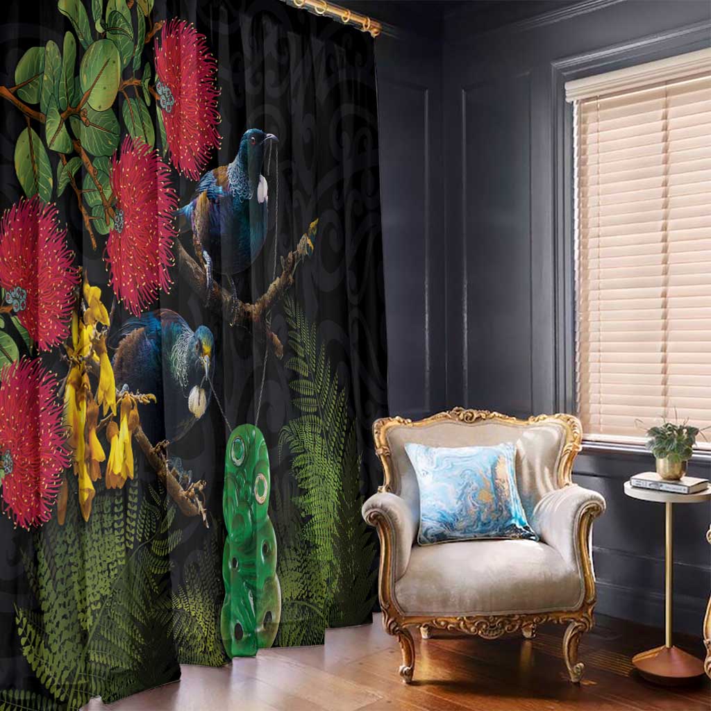 New Zealand Tui Window Curtain Guardians of the Hei Tiki - Maori Art and Plants LT03 - Polynesian Pride