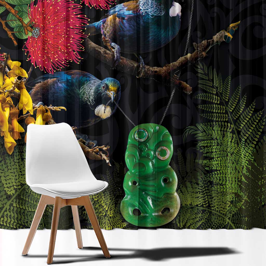 New Zealand Tui Window Curtain Guardians of the Hei Tiki - Maori Art and Plants LT03 - Polynesian Pride