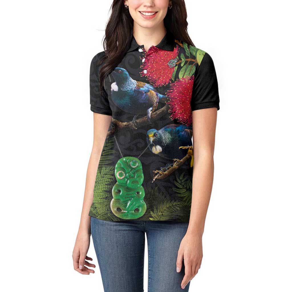 New Zealand Tui Women Polo Shirt Guardians of the Hei Tiki - Maori Art and Plants