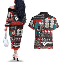 New Zealand Christmas Couples Matching Off The Shoulder Long Sleeve Dress and Hawaiian Shirt Maori Christmas Spirit - Meri Kirihimete LT03 - Polynesian Pride