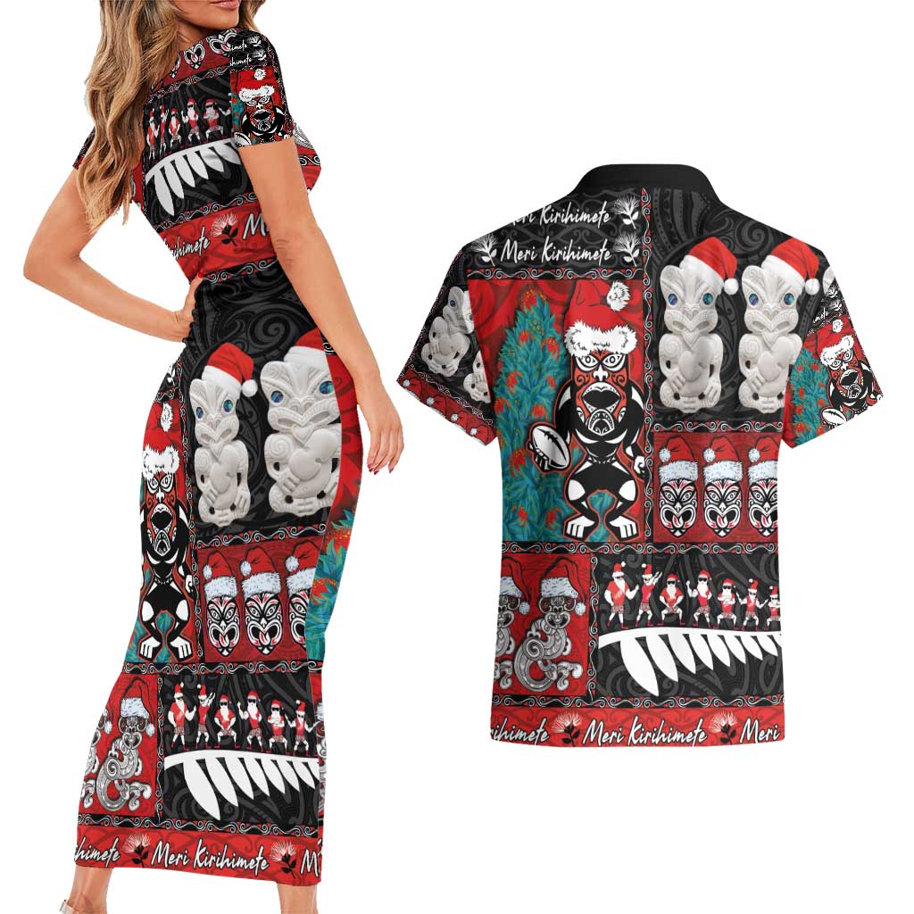 New Zealand Christmas Couples Matching Short Sleeve Bodycon Dress and Hawaiian Shirt Maori Christmas Spirit - Meri Kirihimete LT03 - Polynesian Pride
