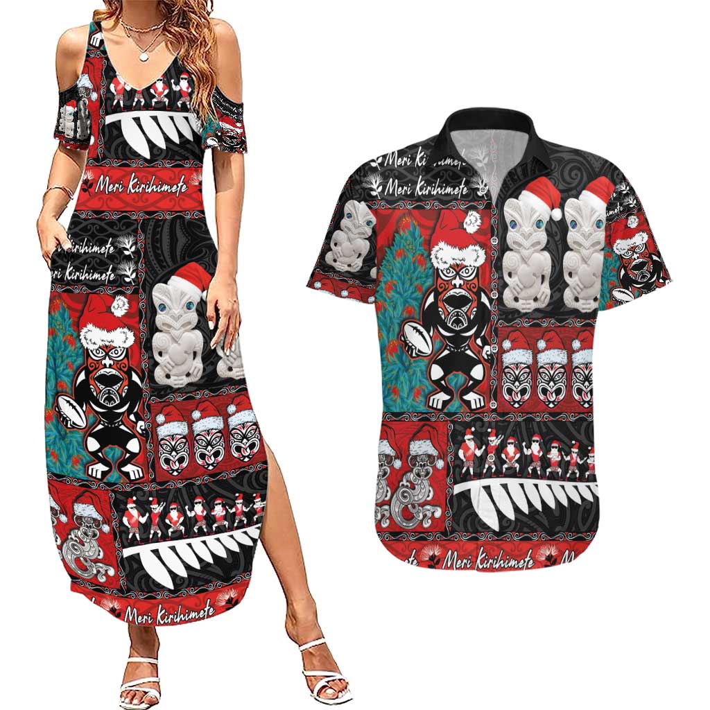 New Zealand Christmas Couples Matching Summer Maxi Dress and Hawaiian Shirt Maori Christmas Spirit - Meri Kirihimete LT03 Black - Polynesian Pride