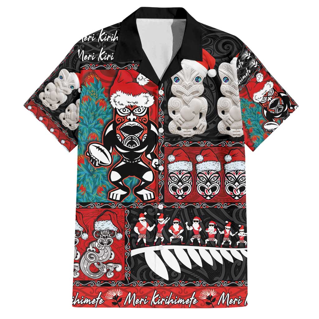 New Zealand Christmas Family Matching Off Shoulder Short Dress and Hawaiian Shirt Maori Christmas Spirit - Meri Kirihimete LT03 Dad's Shirt - Short Sleeve Black - Polynesian Pride