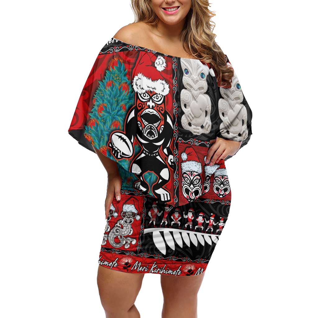 New Zealand Christmas Family Matching Off Shoulder Short Dress and Hawaiian Shirt Maori Christmas Spirit - Meri Kirihimete LT03 Mom's Dress Black - Polynesian Pride