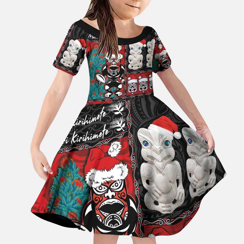 New Zealand Christmas Family Matching Puletasi and Hawaiian Shirt Maori Christmas Spirit - Meri Kirihimete LT03 Daughter's Dress Black - Polynesian Pride