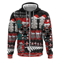 New Zealand Christmas Hoodie Maori Christmas Spirit - Meri Kirihimete LT03 Zip Hoodie Black - Polynesian Pride