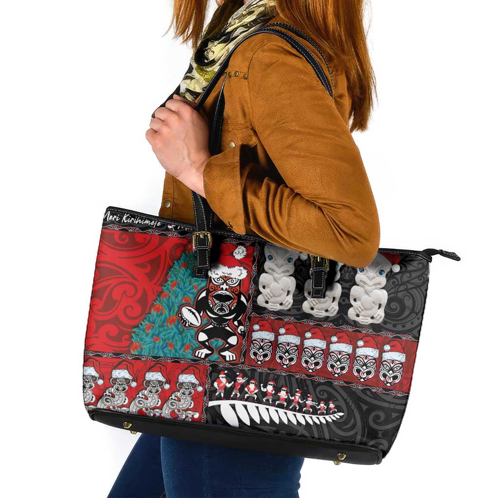 New Zealand Christmas Leather Tote Bag Maori Christmas Spirit - Meri Kirihimete LT03 Black - Polynesian Pride