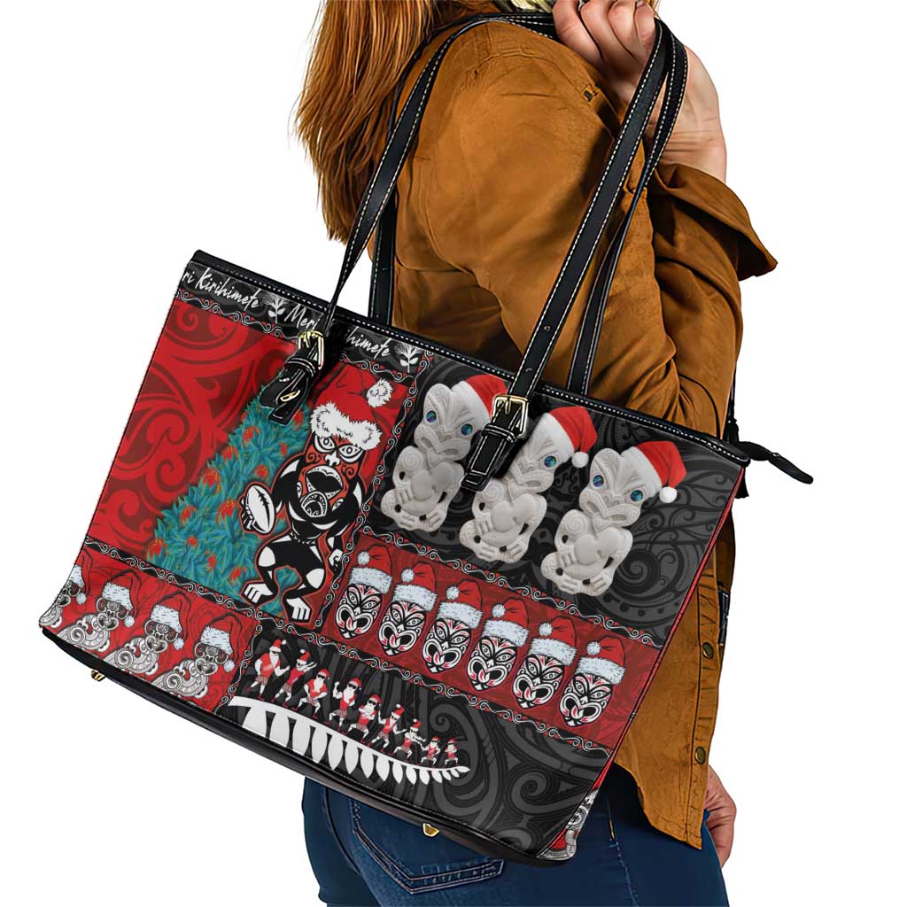 New Zealand Christmas Leather Tote Bag Maori Christmas Spirit - Meri Kirihimete LT03 - Polynesian Pride