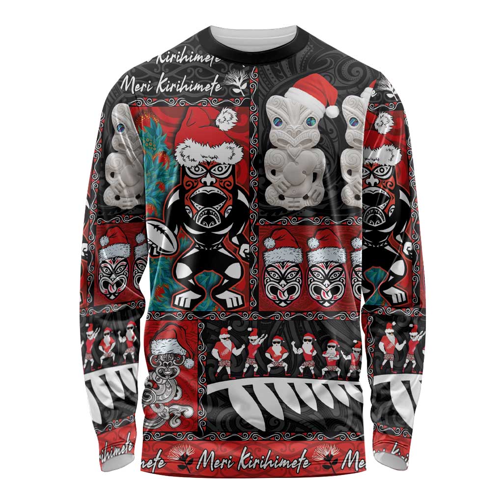 New Zealand Christmas Long Sleeve Shirt Maori Christmas Spirit - Meri Kirihimete LT03 Unisex Black - Polynesian Pride