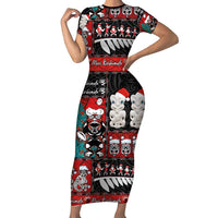 New Zealand Christmas Short Sleeve Bodycon Dress Maori Christmas Spirit - Meri Kirihimete LT03 Long Dress Black - Polynesian Pride