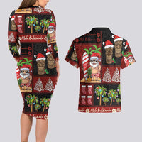 Hawaiian Christmas Couples Matching Long Sleeve Bodycon Dress and Hawaiian Shirt - Mele Kalikimaka Island Holiday Vibes - Black Red LT03 - Polynesian Pride