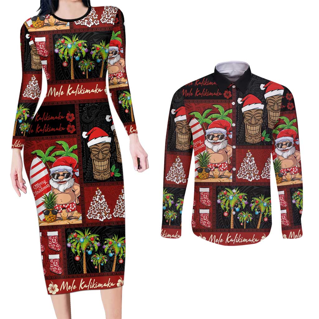Hawaiian Christmas Couples Matching Long Sleeve Bodycon Dress and Long Sleeve Button Shirt - Mele Kalikimaka Island Holiday Vibes - Black Red LT03 Black - Red - Polynesian Pride