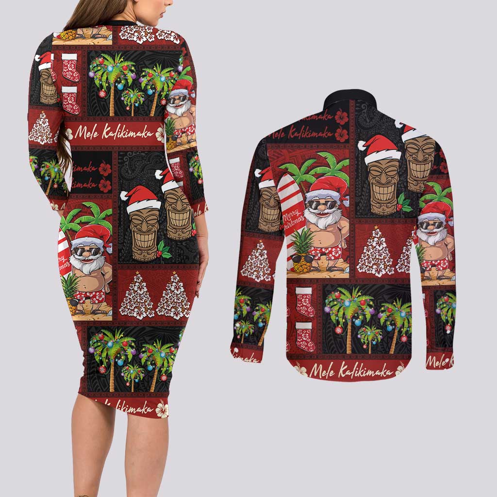 Hawaiian Christmas Couples Matching Long Sleeve Bodycon Dress and Long Sleeve Button Shirt - Mele Kalikimaka Island Holiday Vibes - Black Red LT03 - Polynesian Pride