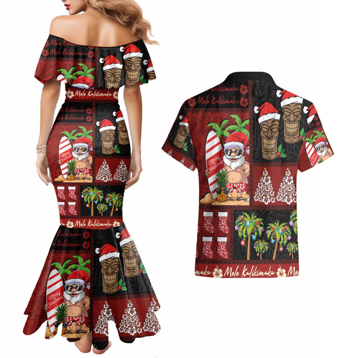 Hawaiian Christmas Couples Matching Mermaid Dress and Hawaiian Shirt - Mele Kalikimaka Island Holiday Vibes - Black Red LT03 - Polynesian Pride