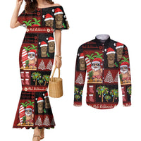 Hawaiian Christmas Couples Matching Mermaid Dress and Long Sleeve Button Shirt - Mele Kalikimaka Island Holiday Vibes - Black Red LT03 Black - Red - Polynesian Pride