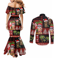 Hawaiian Christmas Couples Matching Mermaid Dress and Long Sleeve Button Shirt - Mele Kalikimaka Island Holiday Vibes - Black Red LT03 - Polynesian Pride