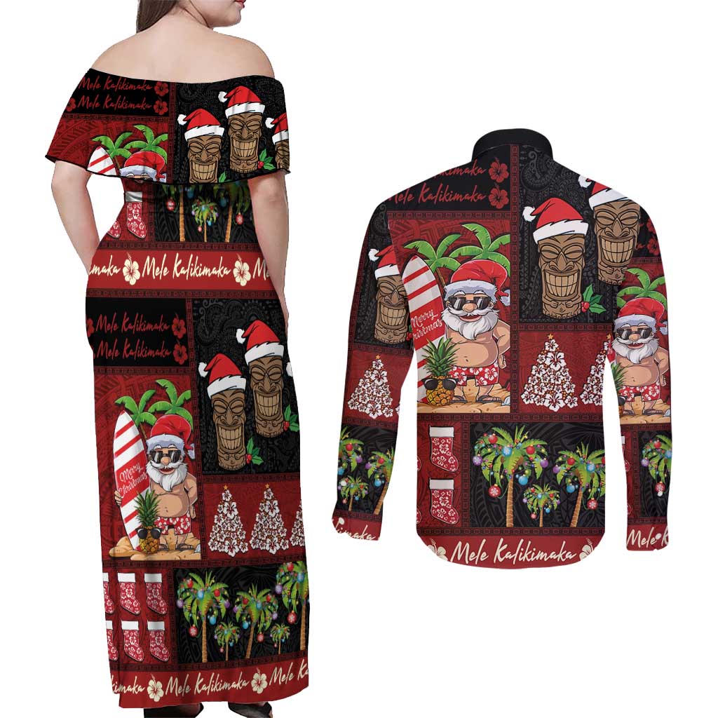Hawaiian Christmas Couples Matching Off Shoulder Maxi Dress and Long Sleeve Button Shirt - Mele Kalikimaka Island Holiday Vibes - Black Red LT03 - Polynesian Pride