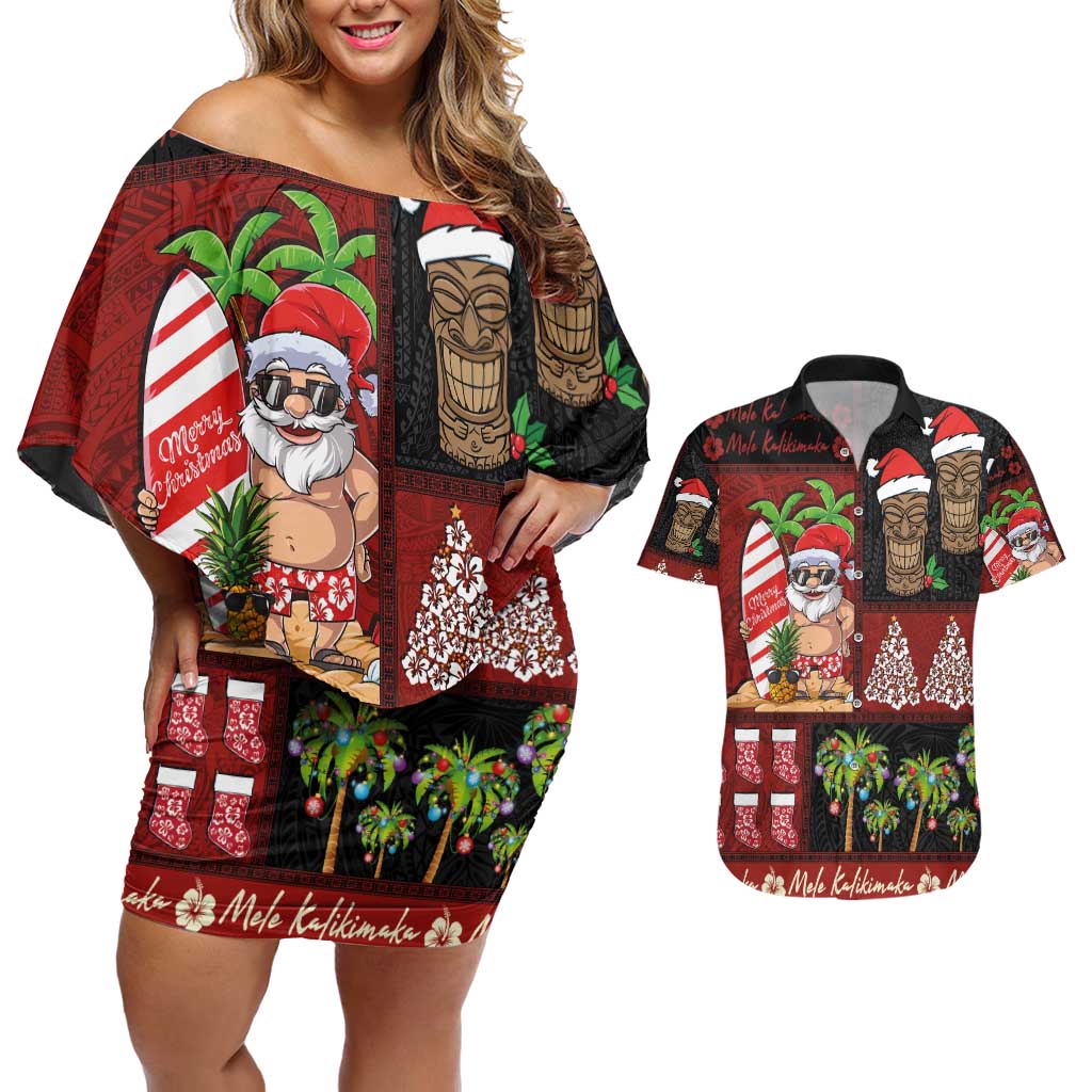 Hawaiian Christmas Couples Matching Off Shoulder Short Dress and Hawaiian Shirt - Mele Kalikimaka Island Holiday Vibes - Black Red LT03 Black - Red - Polynesian Pride