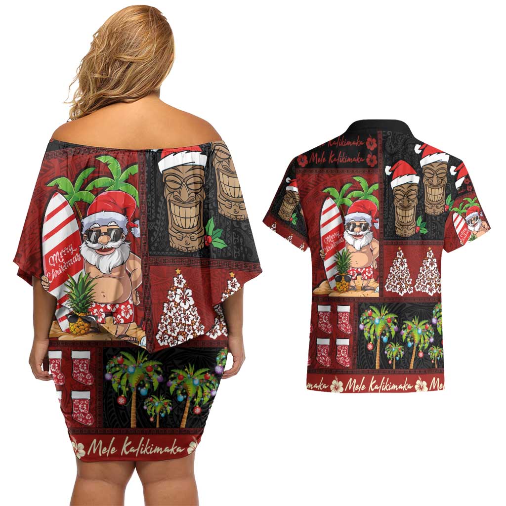 Hawaiian Christmas Couples Matching Off Shoulder Short Dress and Hawaiian Shirt - Mele Kalikimaka Island Holiday Vibes - Black Red LT03 - Polynesian Pride