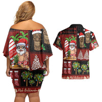 Hawaiian Christmas Couples Matching Off Shoulder Short Dress and Hawaiian Shirt - Mele Kalikimaka Island Holiday Vibes - Black Red LT03 - Polynesian Pride