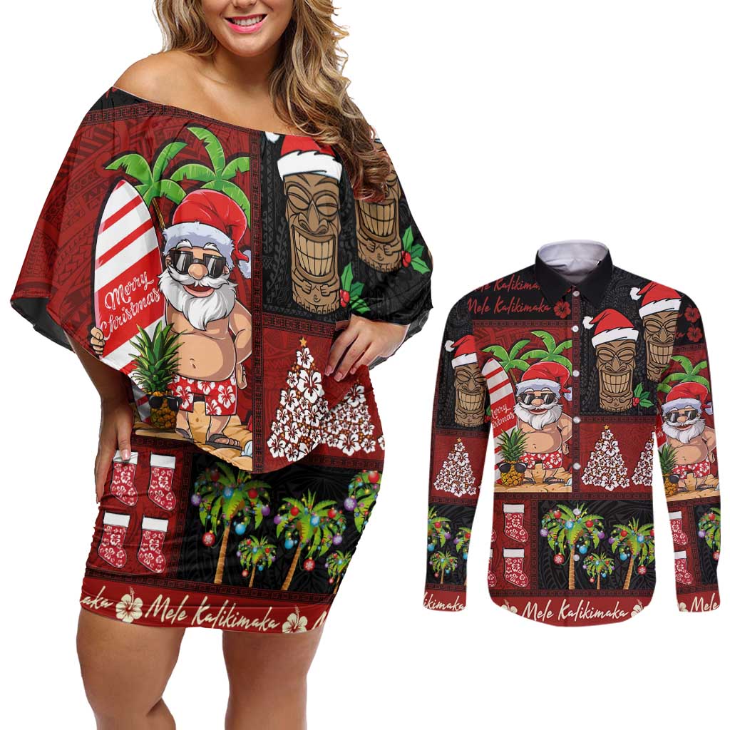 Hawaiian Christmas Couples Matching Off Shoulder Short Dress and Long Sleeve Button Shirt - Mele Kalikimaka Island Holiday Vibes - Black Red LT03 Black - Red - Polynesian Pride