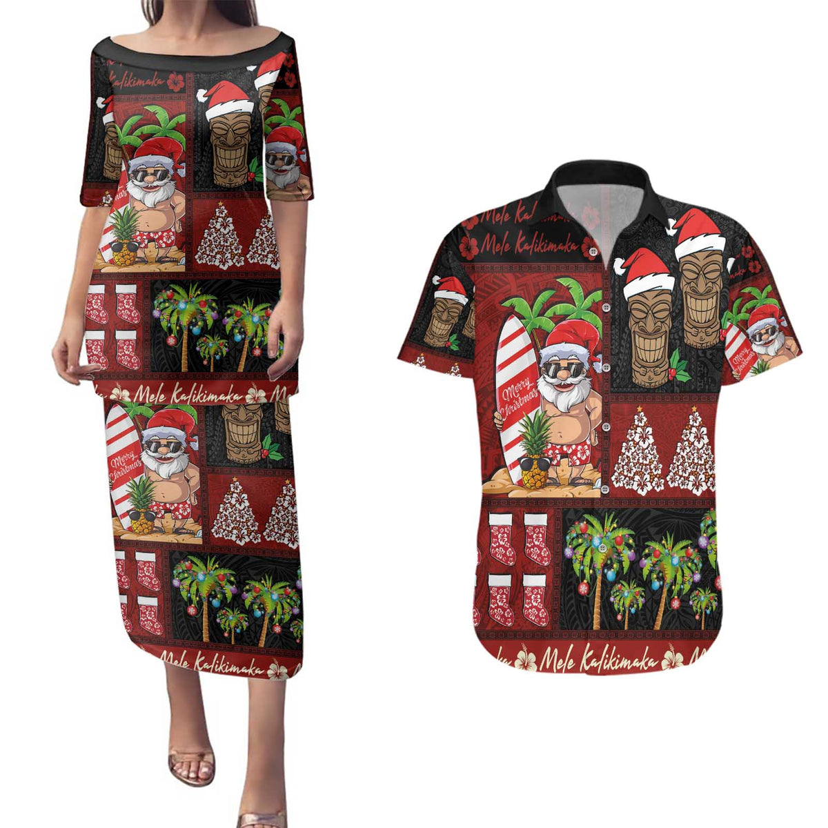 Hawaiian Christmas Couples Matching Puletasi and Hawaiian Shirt - Mele Kalikimaka Island Holiday Vibes - Black Red LT03 Black - Red - Polynesian Pride