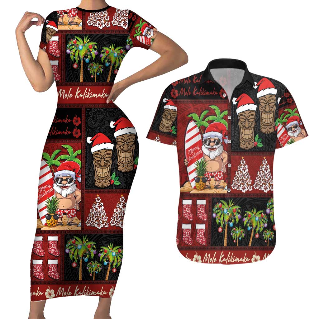 Hawaiian Christmas Couples Matching Short Sleeve Bodycon Dress and Hawaiian Shirt - Mele Kalikimaka Island Holiday Vibes - Black Red LT03 Black - Red - Polynesian Pride