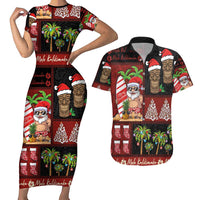 Hawaiian Christmas Couples Matching Short Sleeve Bodycon Dress and Hawaiian Shirt - Mele Kalikimaka Island Holiday Vibes - Black Red LT03 Black - Red - Polynesian Pride