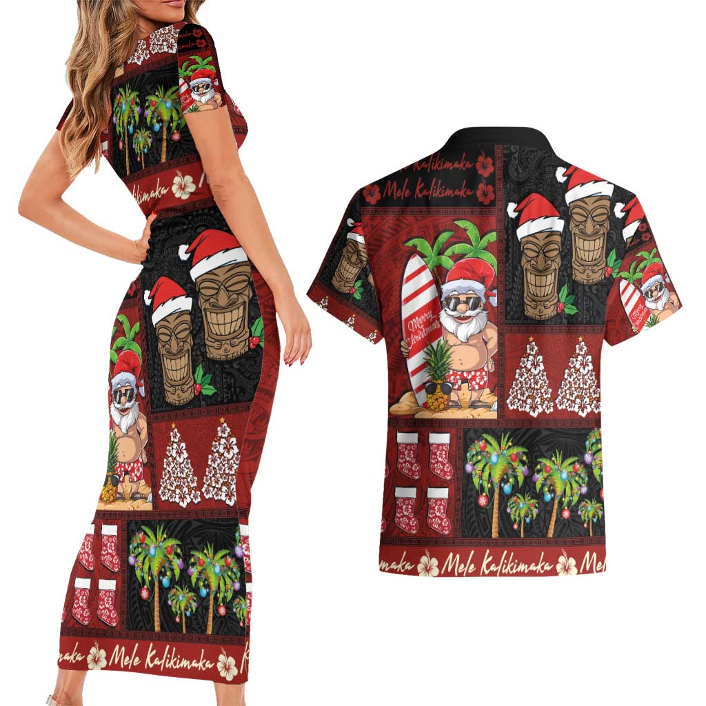 Hawaiian Christmas Couples Matching Short Sleeve Bodycon Dress and Hawaiian Shirt - Mele Kalikimaka Island Holiday Vibes - Black Red LT03 - Polynesian Pride