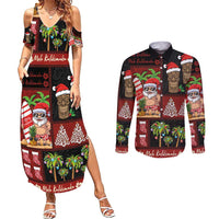 Hawaiian Christmas Couples Matching Summer Maxi Dress and Long Sleeve Button Shirt - Mele Kalikimaka Island Holiday Vibes - Black Red LT03 Black - Red - Polynesian Pride