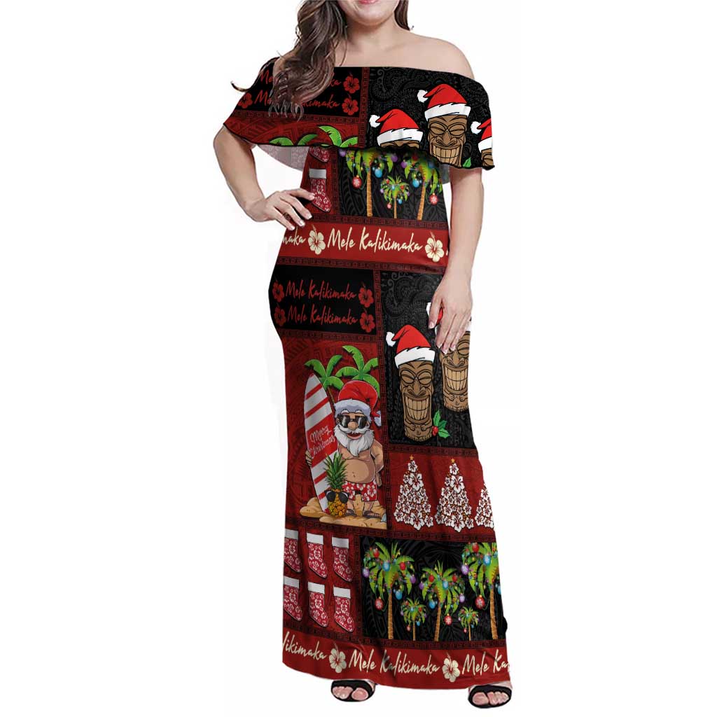 Hawaiian Christmas Family Matching Off Shoulder Maxi Dress and Hawaiian Shirt - Mele Kalikimaka Island Holiday Vibes - Black Red LT03 Mom's Dress Black - Red - Polynesian Pride